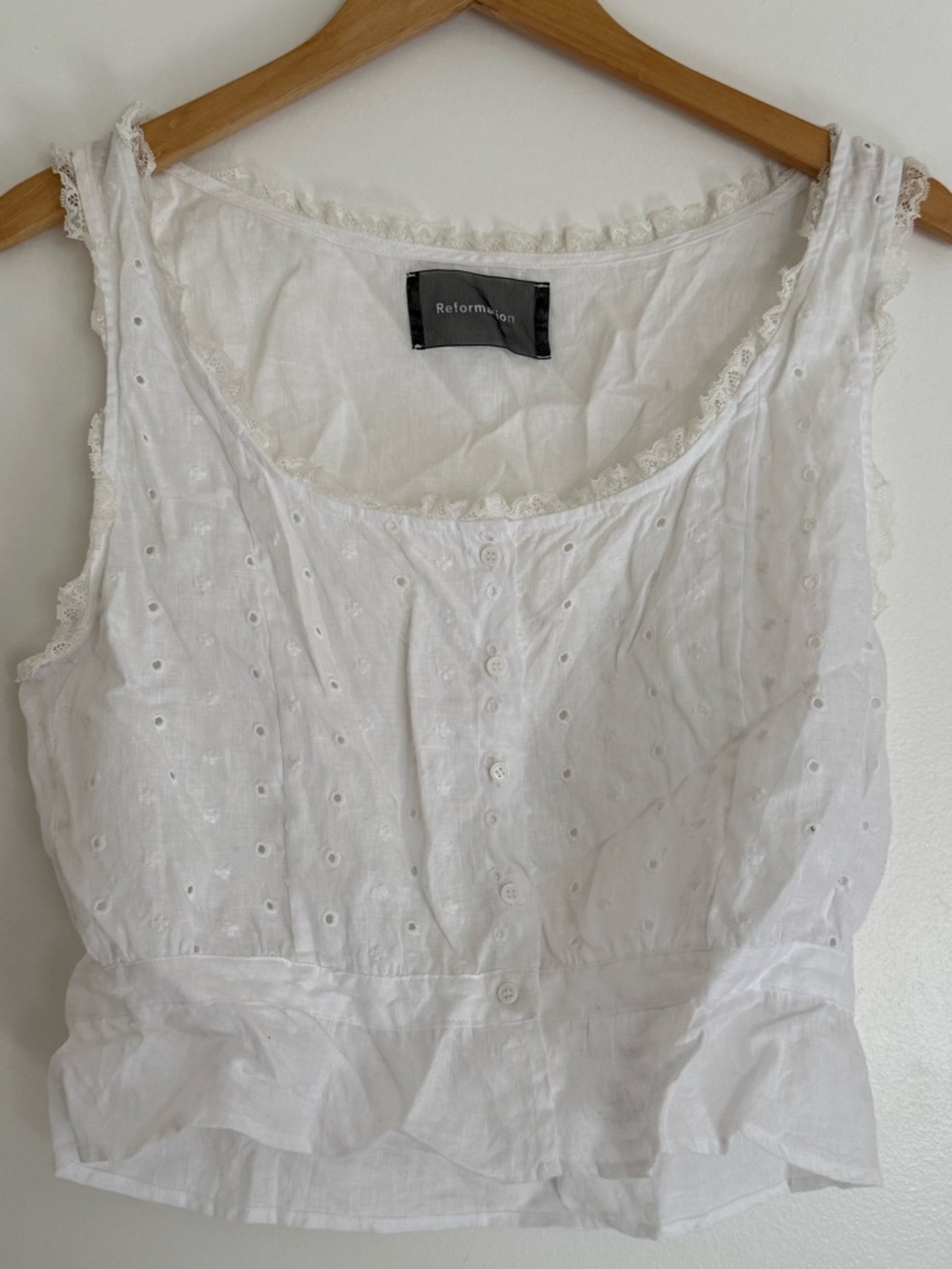Reformation White Lace-Trim Linen Top